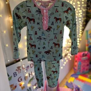 Smockingbird Kids Pajama Set with Horse Print - Mint and Pink